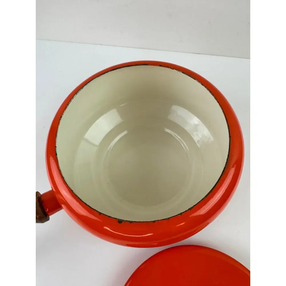 Vintage Bright Enamel Orange Fondue Pot Aluminum Wooden Single Handle with Lid